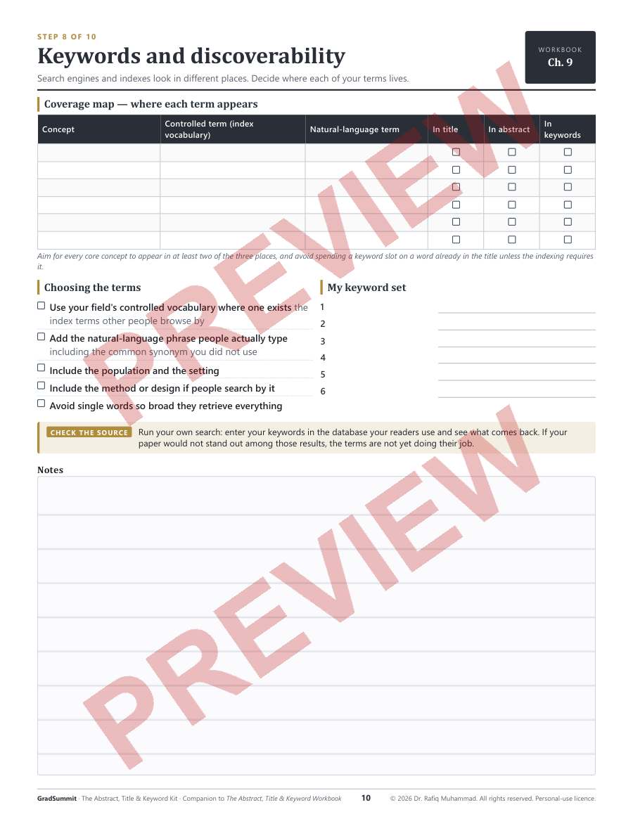 Preview of the kit, Step 8 — Keywords and discoverability (watermarked)