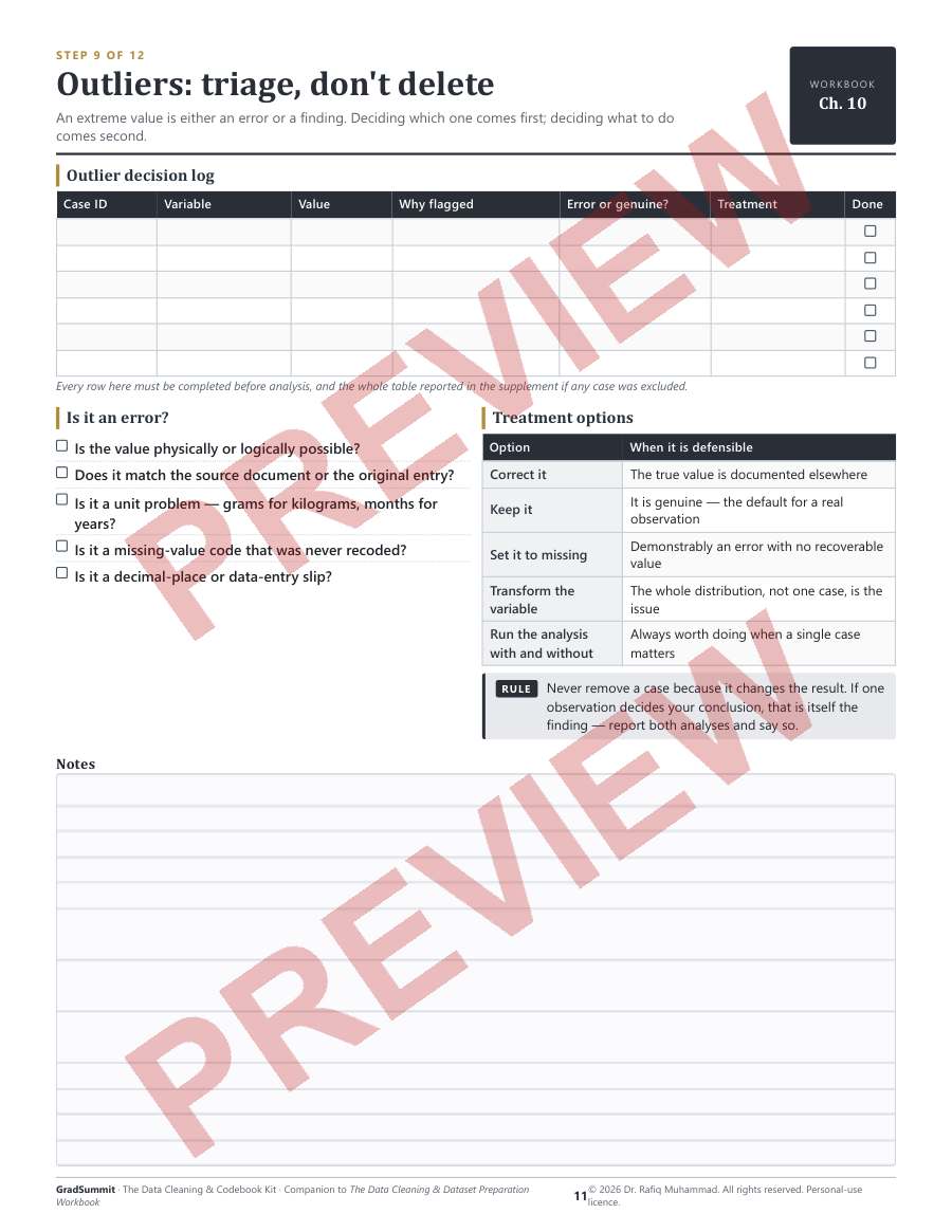 Preview of the kit, Step 9 — Outliers: triage, don't delete (watermarked)