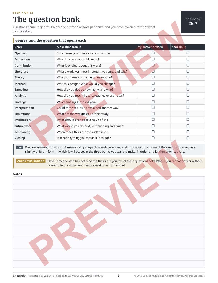 Preview of the kit, Step 7 — The question bank (watermarked)
